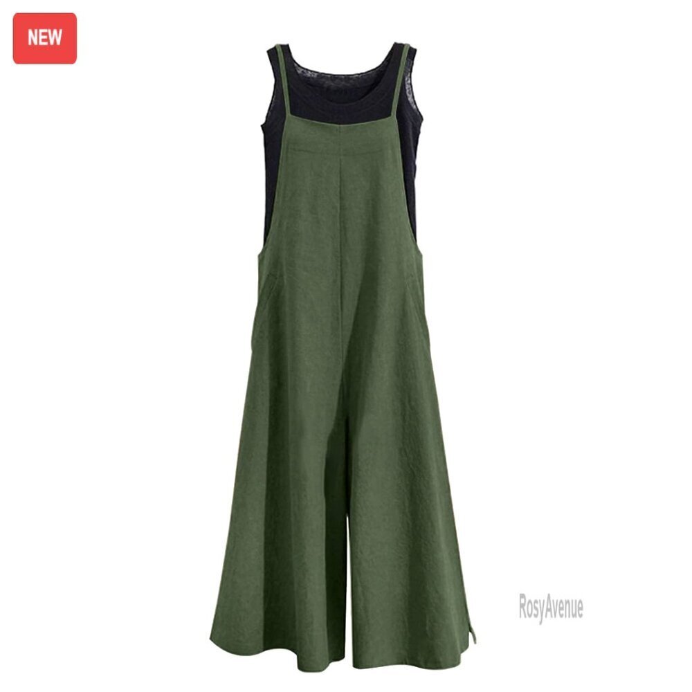 Loose Fit Wide Leg Jumpsuit with Pockets, Cotton Romper for Casual Wear